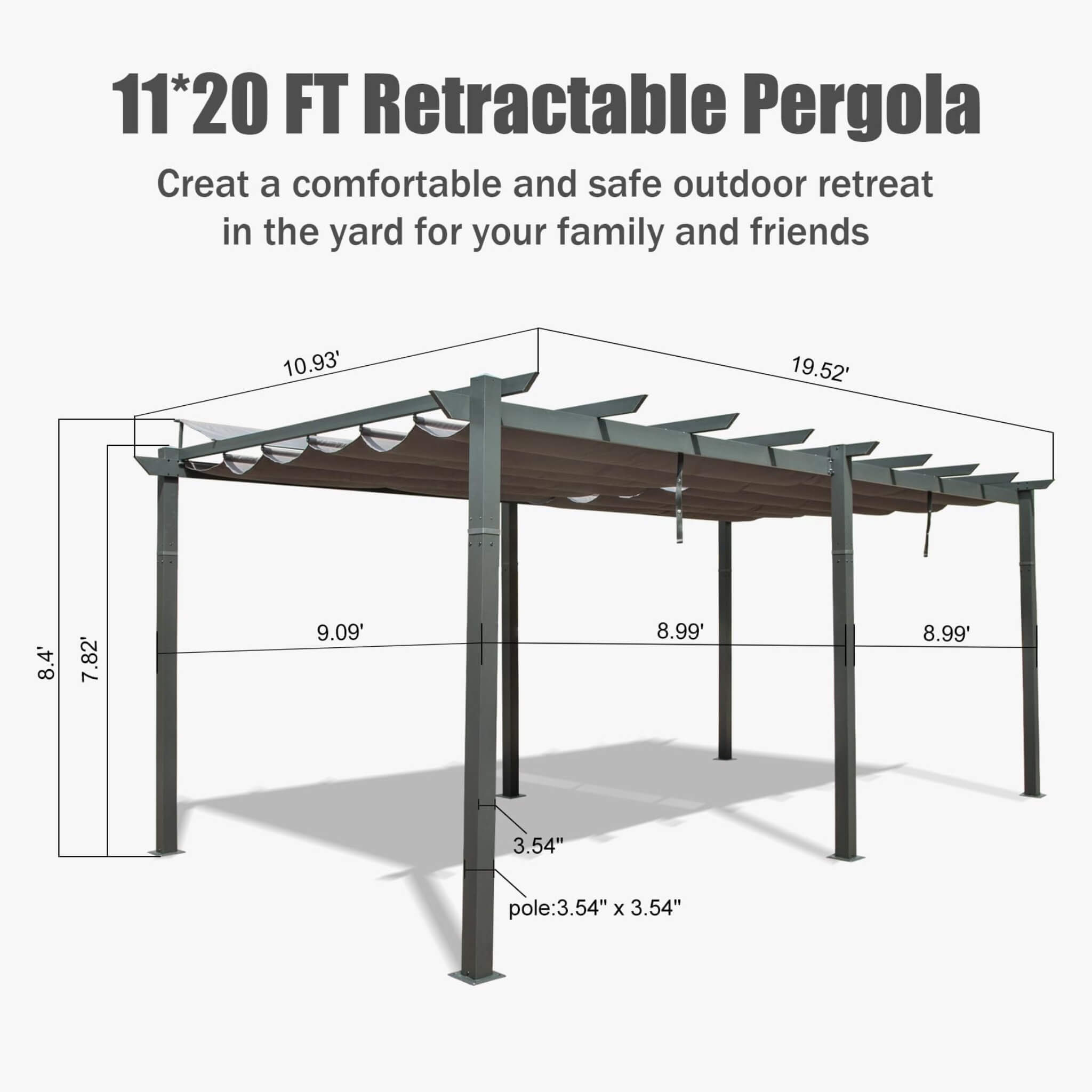 11 X 20 FT Premium Outdoor Retractable Aluminum Pergola With Weather-Resistant Canopy