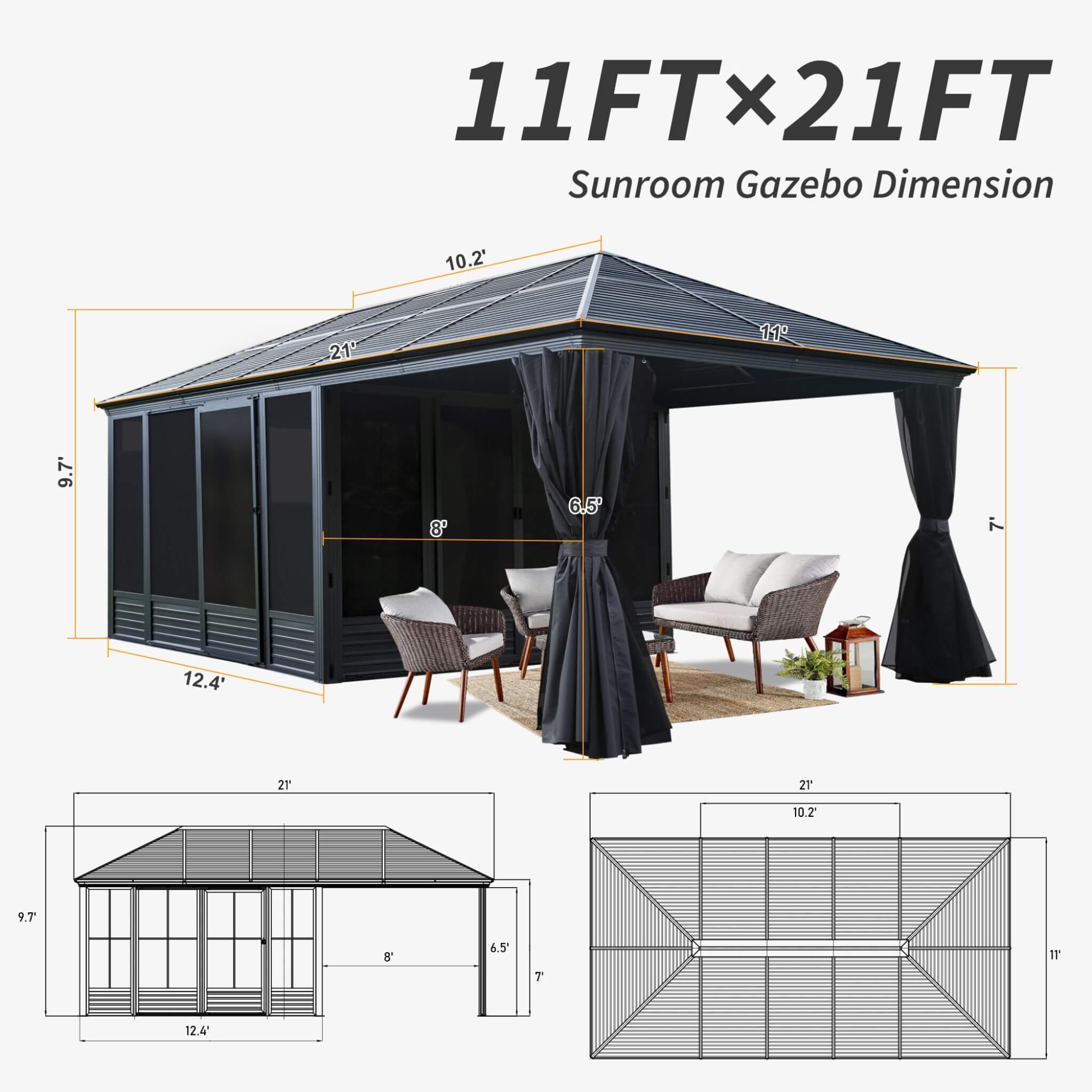 11 X 21 FT  Outdoor All-Season Solarium Sunroom Gazebo With Galvanized Steel Roof