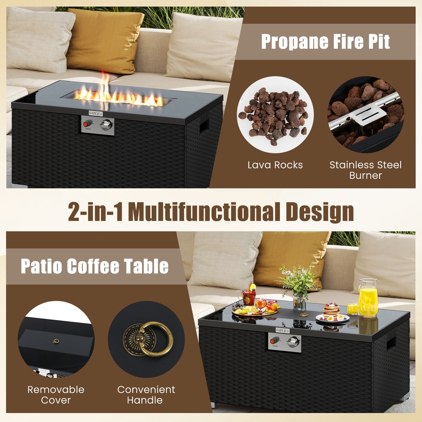 2-Piece Outdoor Rattan Fire Table Set - 32 Inch Rectangle Gas Firepit with Tank Cover - 3 colors