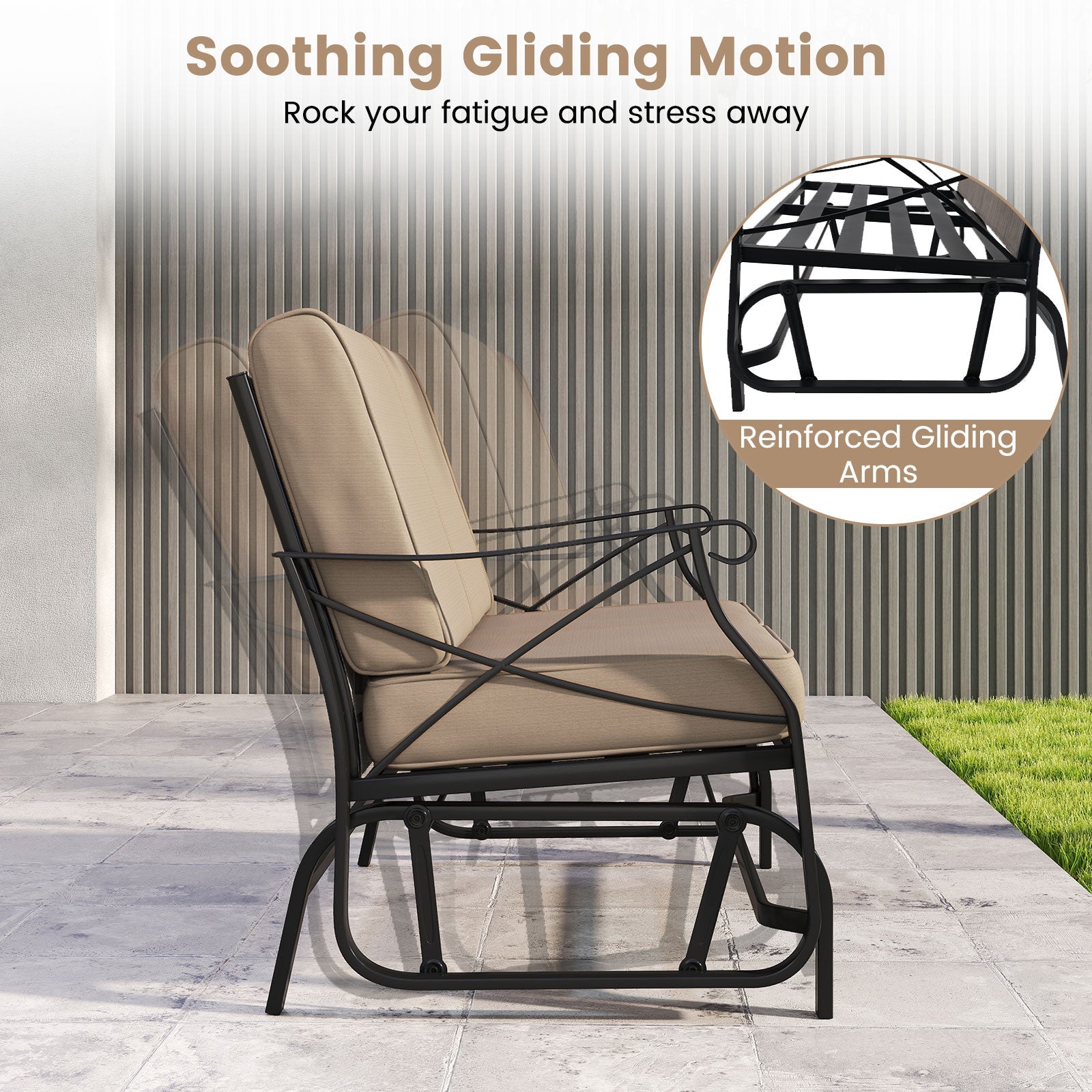Outdoor 2-Person Glider Rocking Chair Loveseat with Thick Cushions and Metal Frame-Brown