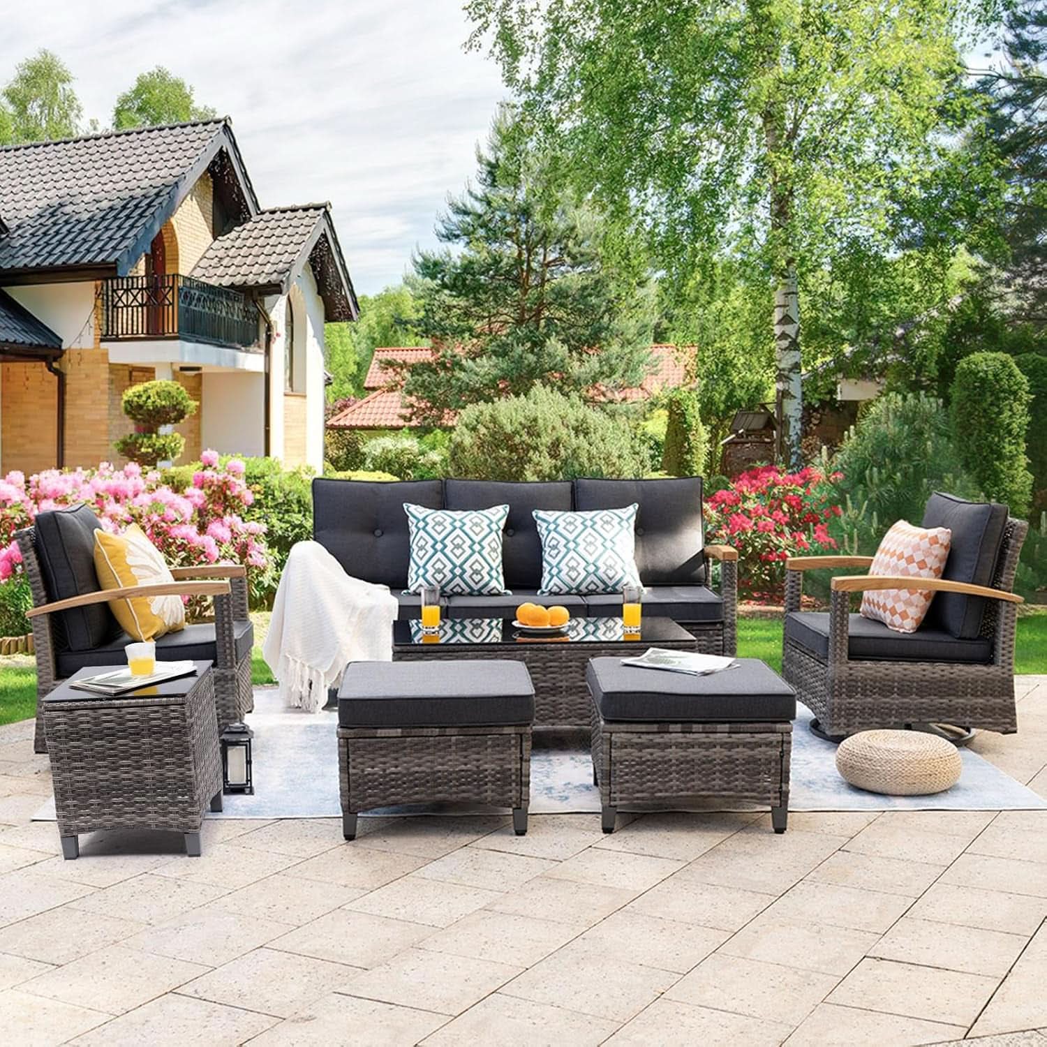 7 - piece Outdoor Rattan Patio Furniture Set with Swivel Rockers