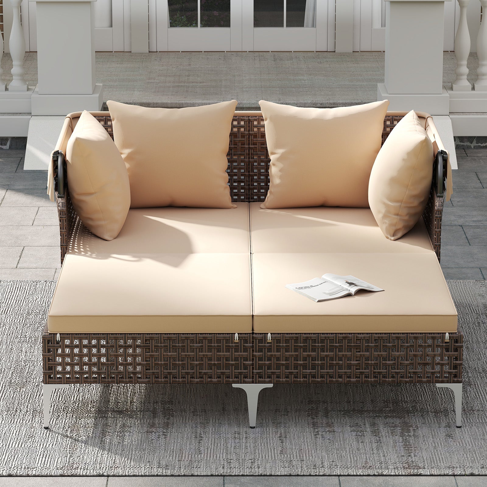 Outdoor Daybed with Retractable Canopy - Wicker Rattan Patio Lounger