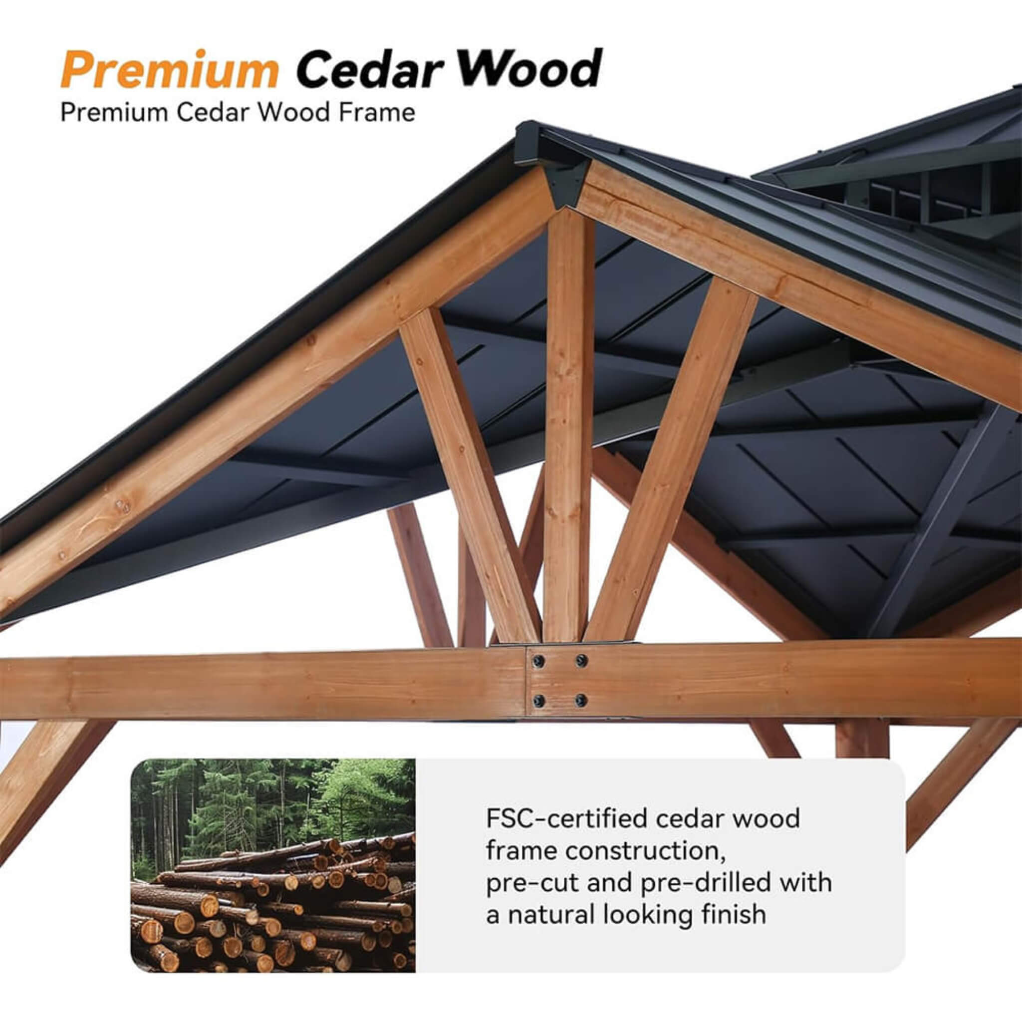 12 X 12FT  Premium Outdoor Cedar Wood Hardtop Gazebo With Galvanized Steel Roof