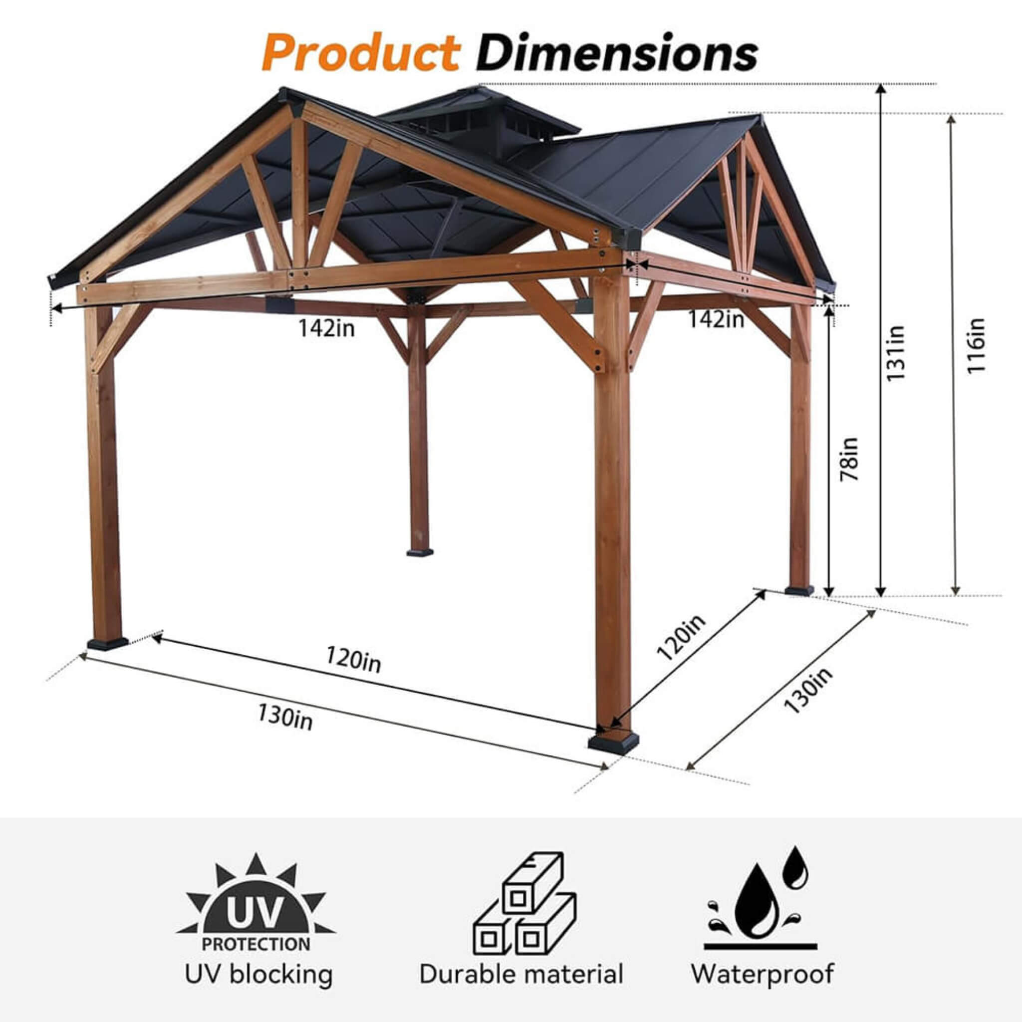 12 X 12FT  Premium Outdoor Cedar Wood Hardtop Gazebo With Galvanized Steel Roof