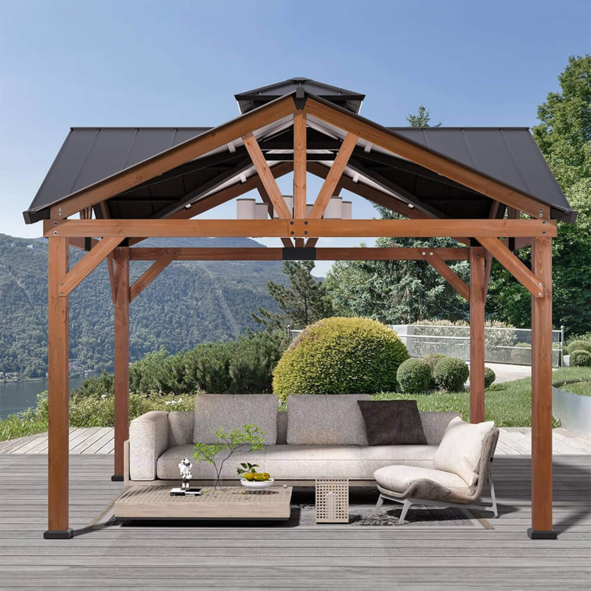 12 X 12FT  Premium Outdoor Cedar Wood Hardtop Gazebo With Galvanized Steel Roof