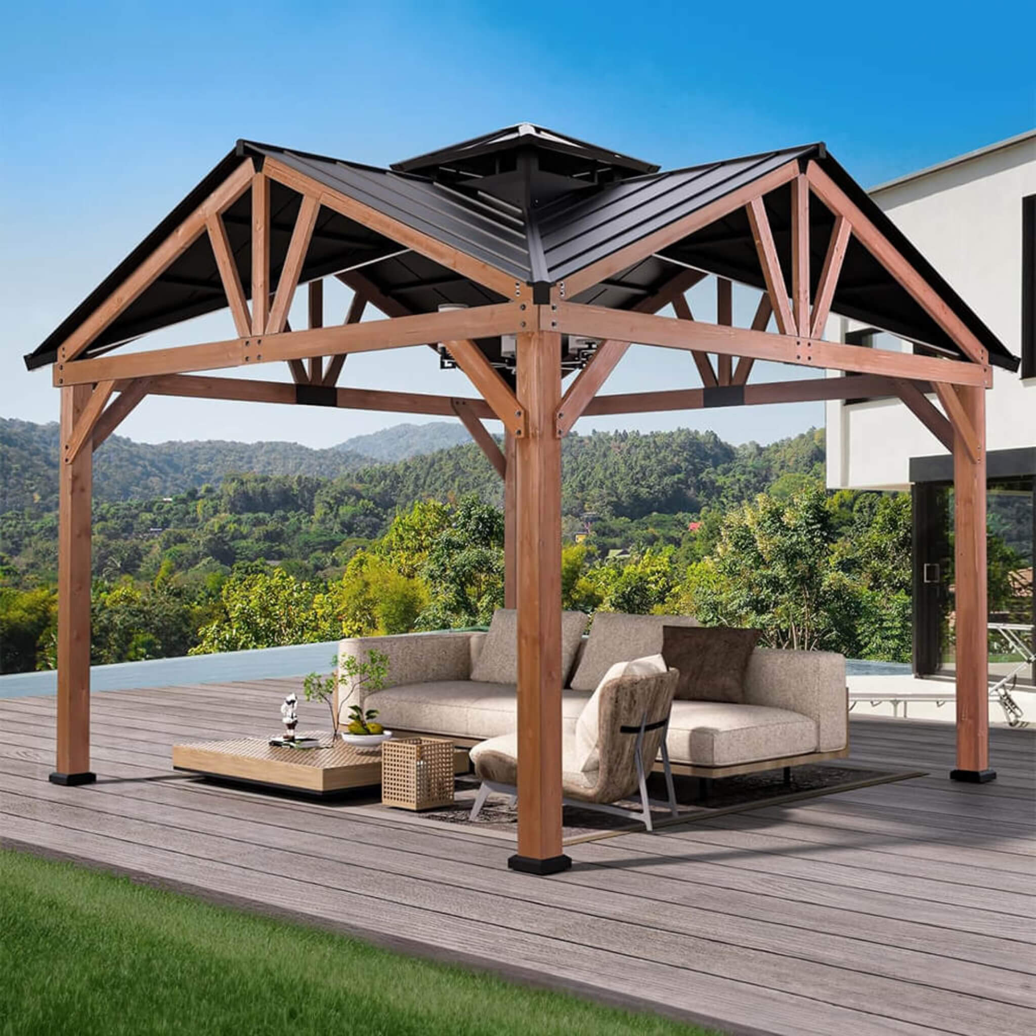 12 X 12FT  Premium Outdoor Cedar Wood Hardtop Gazebo With Galvanized Steel Roof