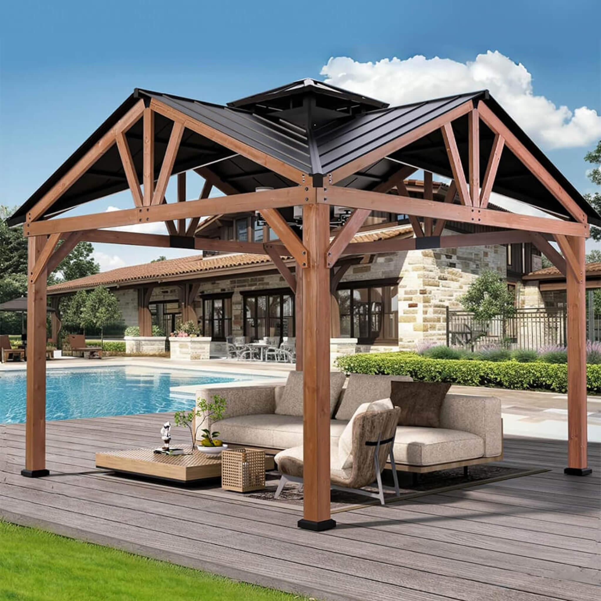 12 X 12FT  Premium Outdoor Cedar Wood Hardtop Gazebo With Galvanized Steel Roof