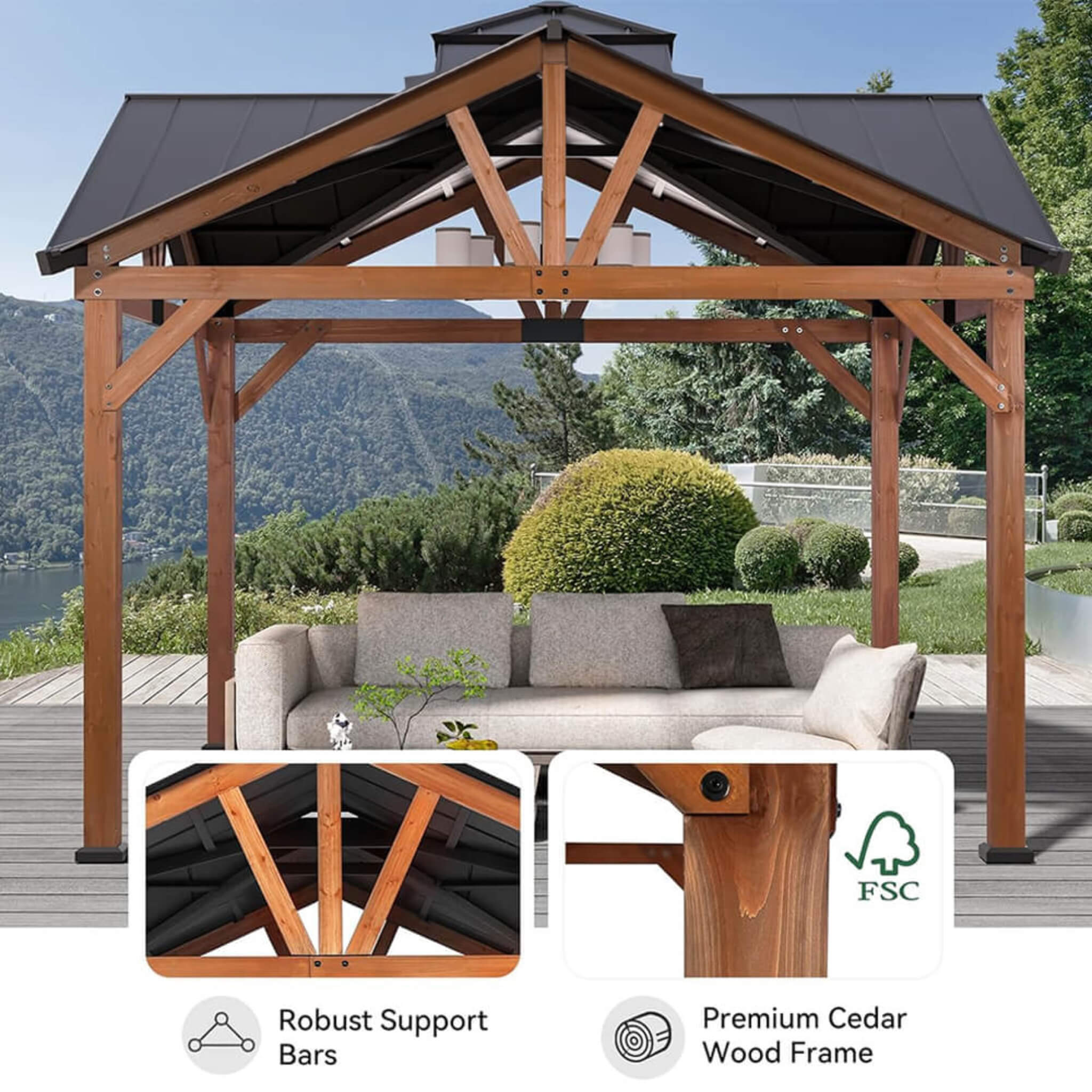 12 X 12FT  Premium Outdoor Cedar Wood Hardtop Gazebo With Galvanized Steel Roof