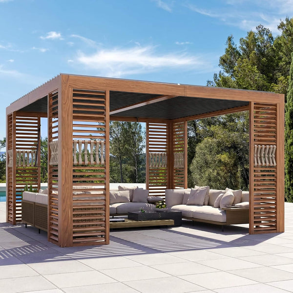 12 X 12 FT  Premium Outdoor Wood Grain Louvered Pergola With Integrated Drainage