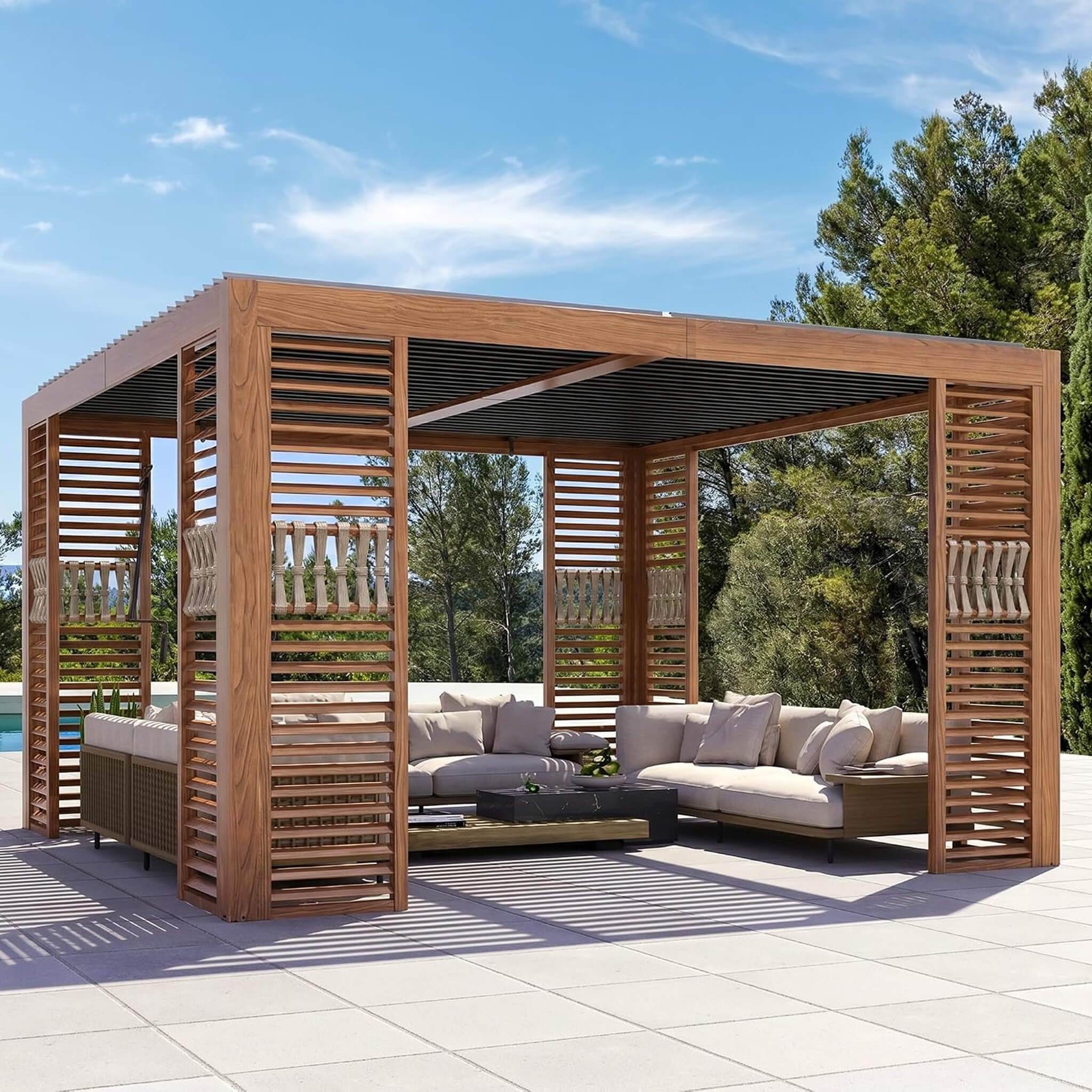 12 X 12 FT  Premium Outdoor Wood Grain Louvered Pergola With Integrated Drainage