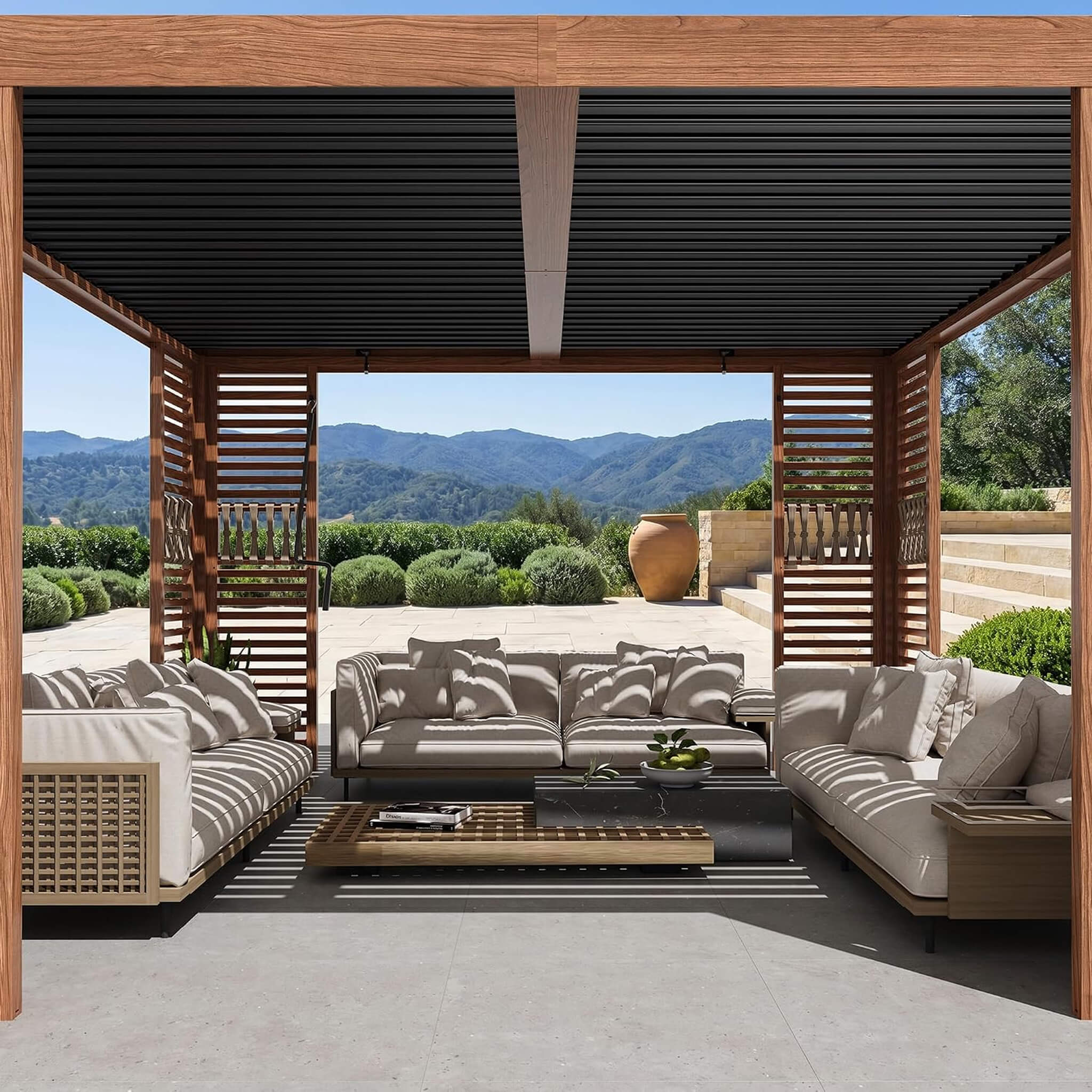 12 X 12 FT  Premium Outdoor Wood Grain Louvered Pergola With Integrated Drainage