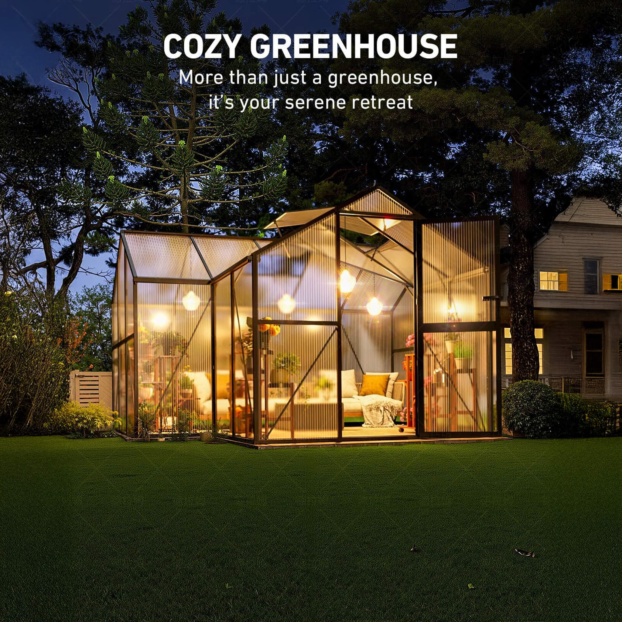 12 X 12 FT Premium T-Shape Polycarbonate Greenhouse With UV Protection And Aluminum Frame