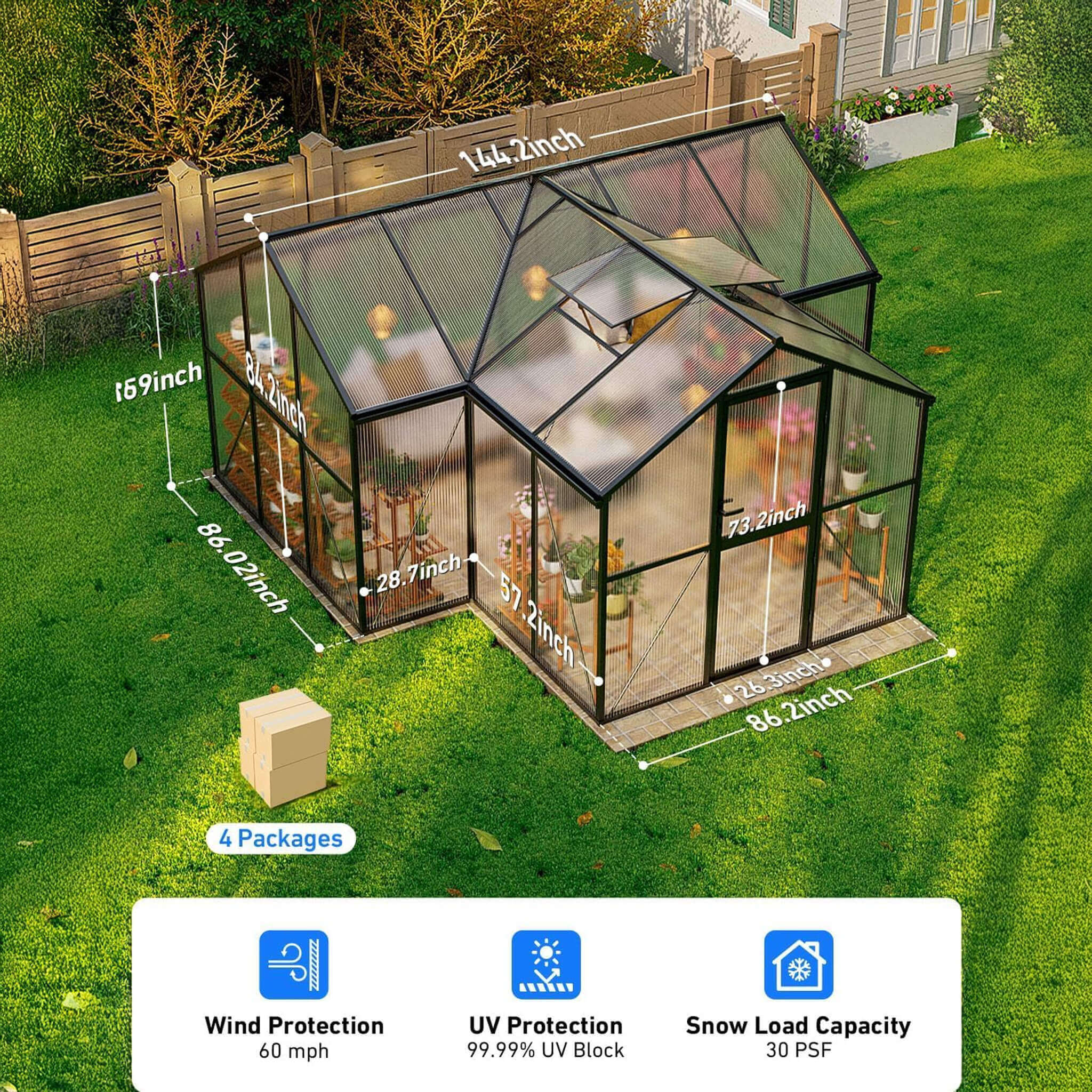 12 X 12 FT Premium T-Shape Polycarbonate Greenhouse With UV Protection And Aluminum Frame