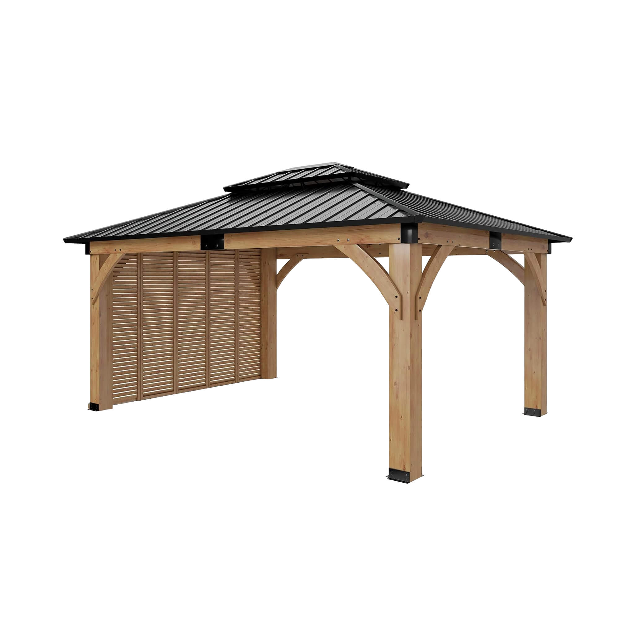 12 X 14 FT  Modern Double-Tier Hardtop Spruce Wood Gazebo with Built-In Privacy Wall