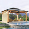 12 X 14 FT  Modern Double-Tier Hardtop Spruce Wood Gazebo with Built-In Privacy Wall