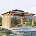12 X 14 FT  Modern Double-Tier Hardtop Spruce Wood Gazebo with Built-In Privacy Wall