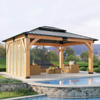 12 X 14 FT  Modern Double-Tier Hardtop Spruce Wood Gazebo with Built-In Privacy Wall