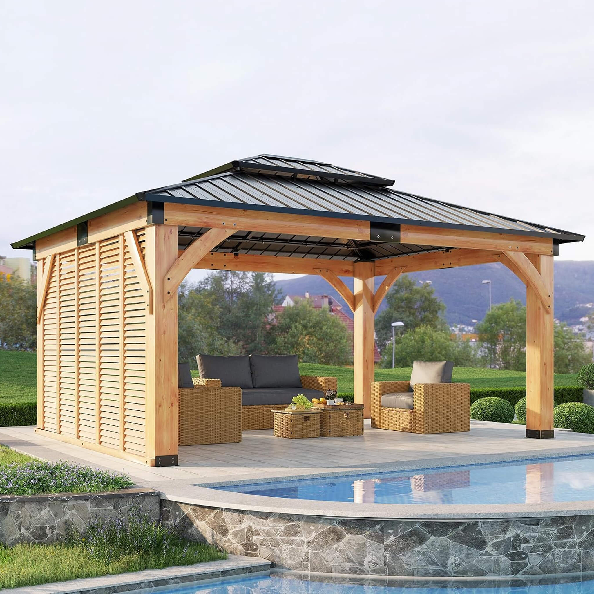 12 X 14 FT  Modern Double-Tier Hardtop Spruce Wood Gazebo with Built-In Privacy Wall