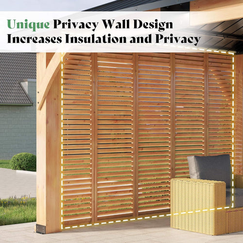 12 X 14 FT  Modern Double-Tier Hardtop Spruce Wood Gazebo with Built-In Privacy Wall