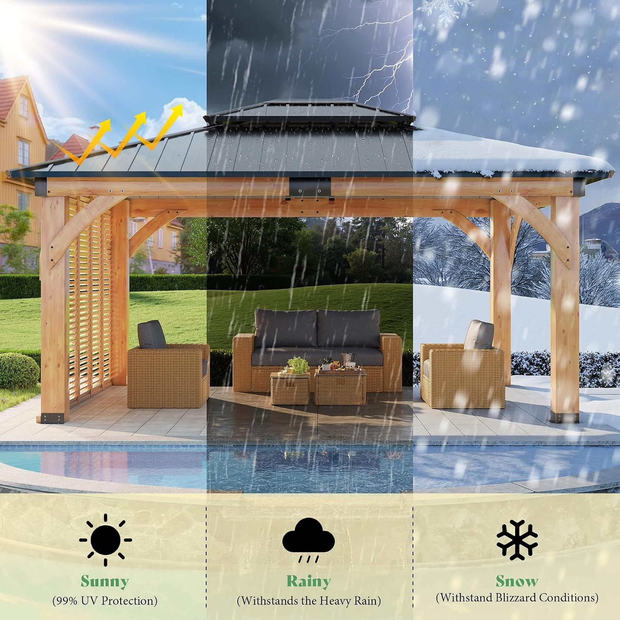 12 X 14 FT  Modern Double-Tier Hardtop Spruce Wood Gazebo with Built-In Privacy Wall