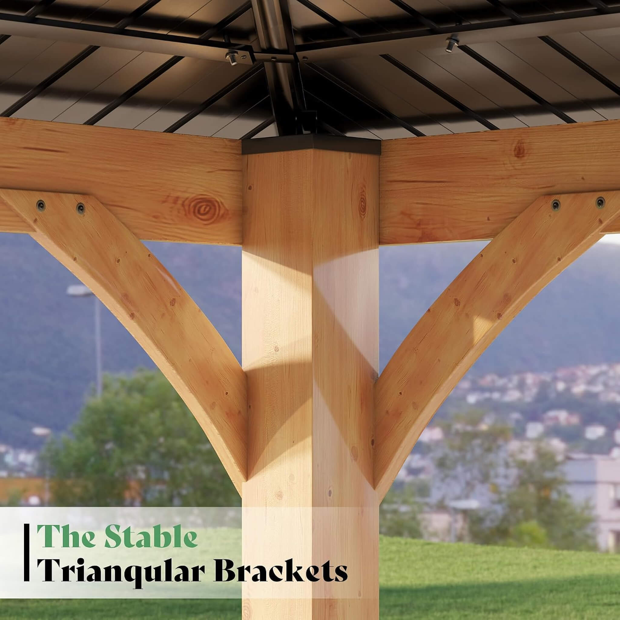 12 X 14 FT  Modern Double-Tier Hardtop Spruce Wood Gazebo with Built-In Privacy Wall