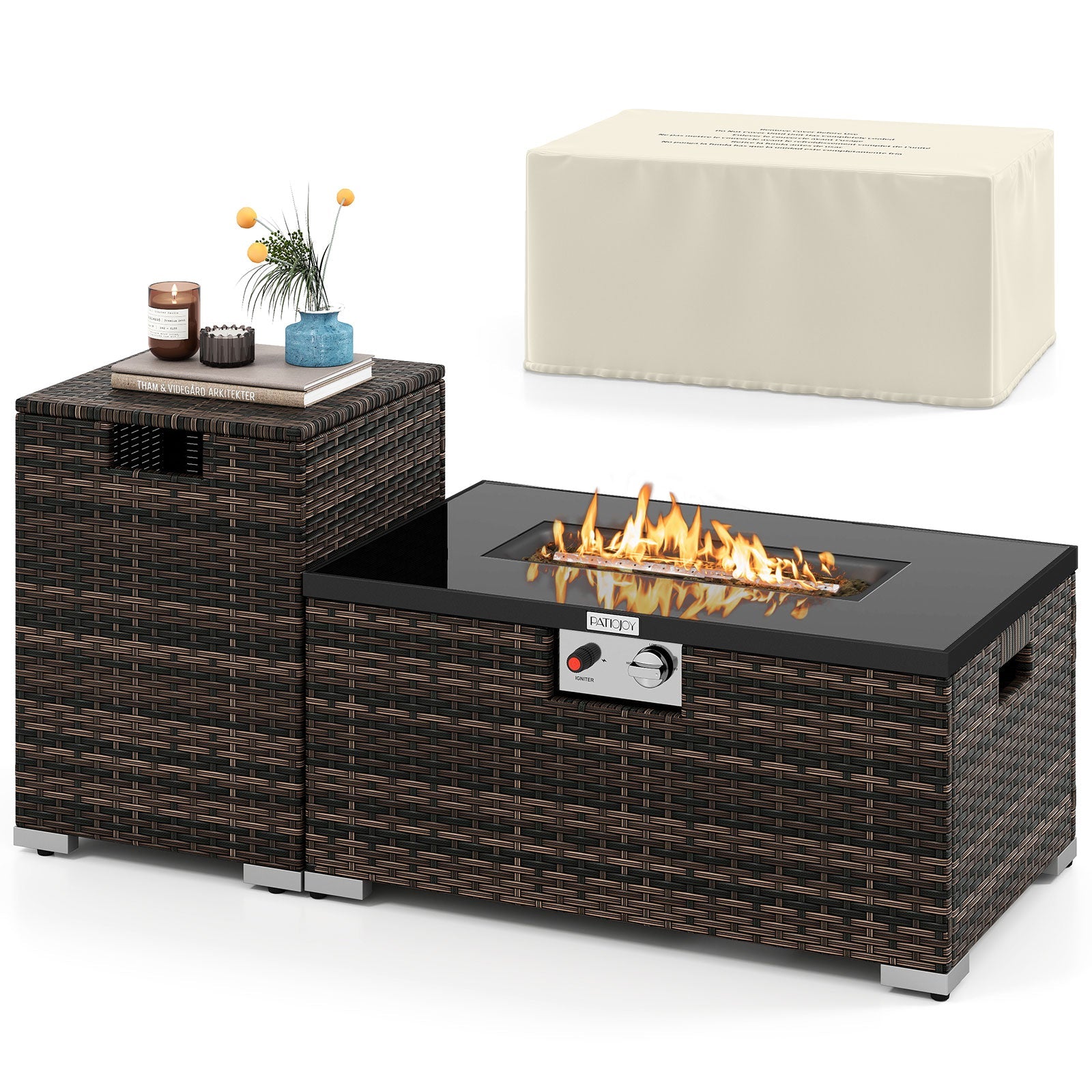 2-Piece Outdoor Rattan Fire Table Set - 32 Inch Rectangle Gas Firepit with Tank Cover - 3 colors