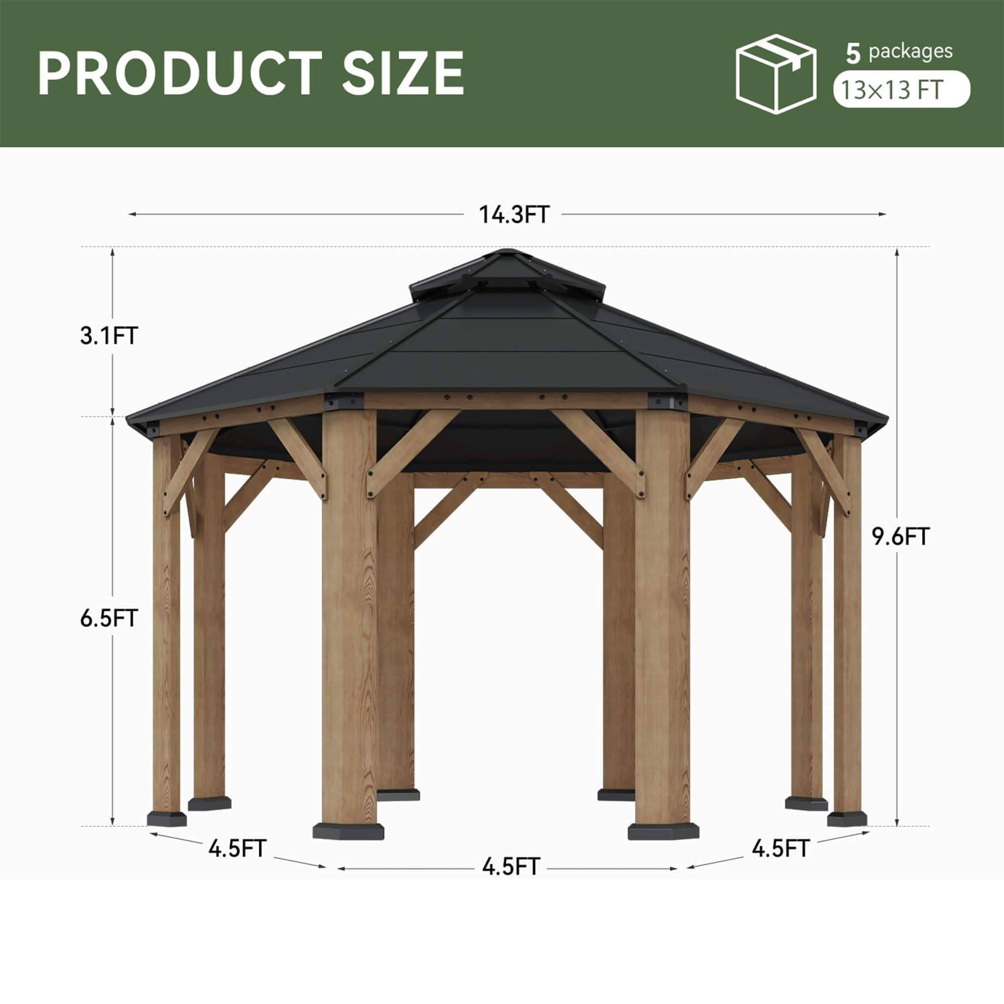 13 X 13 FT Cedar Wood Galvanized Steel Octagonal Hardtop Double Roof Gazebo