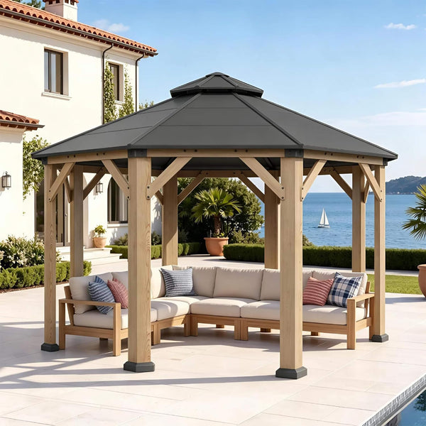 13 X 13 FT Cedar Wood Galvanized Steel Octagonal Hardtop Double Roof Gazebo