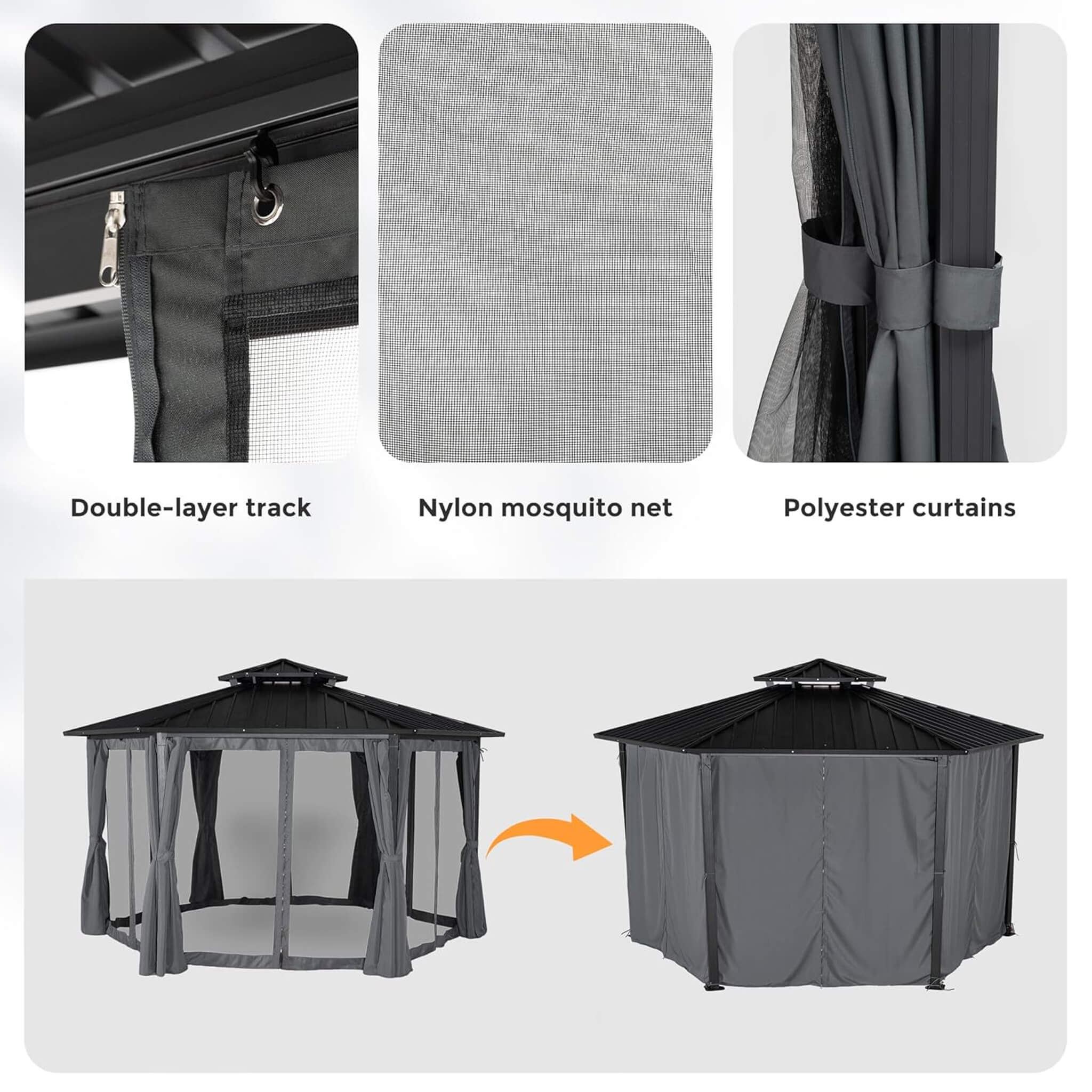 13 X 15 FT  Hardtop Hexagonal Gazebo With Curtains And Netting