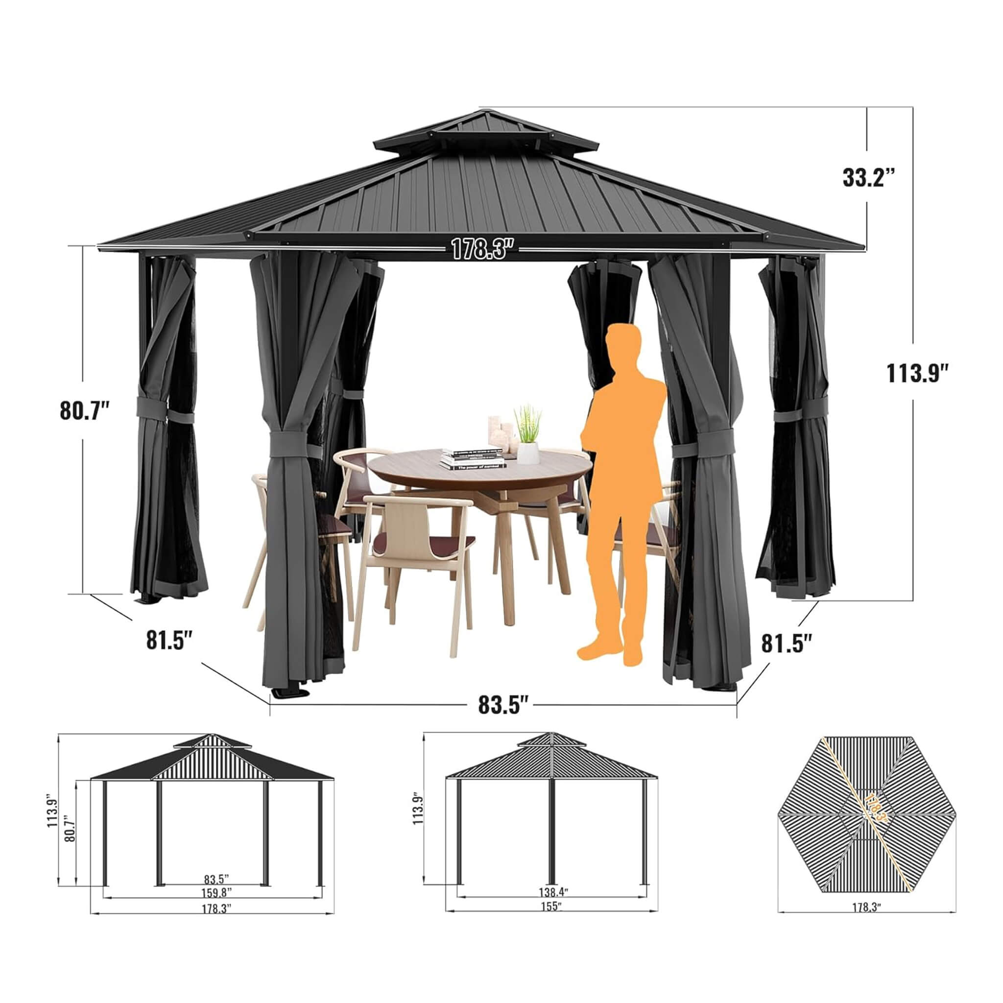 13 X 15 FT  Hardtop Hexagonal Gazebo With Curtains And Netting