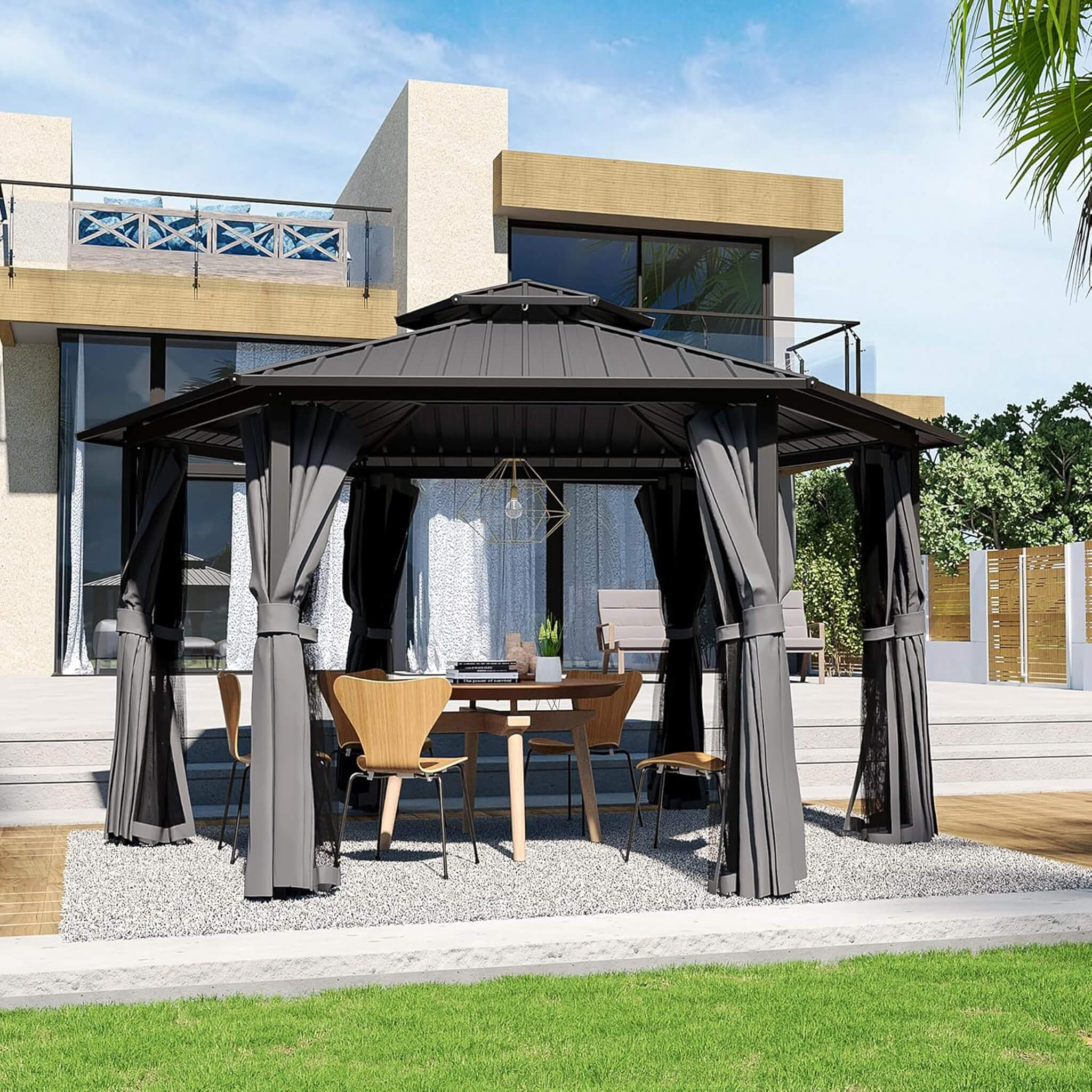 13 X 15 FT  Hardtop Hexagonal Gazebo With Curtains And Netting