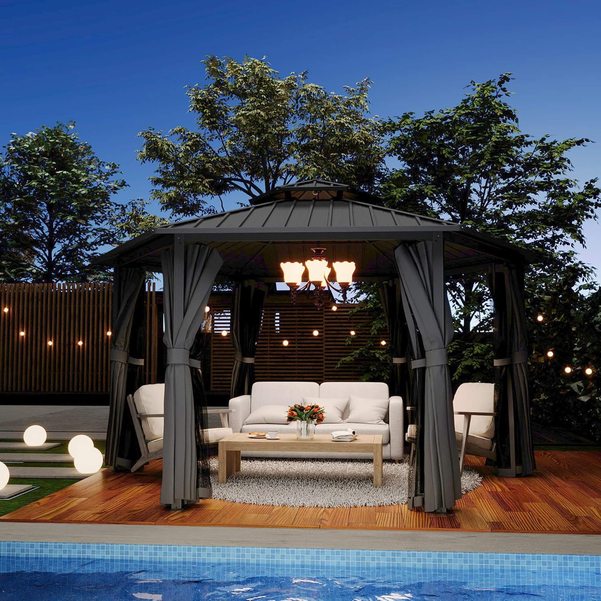 13 X 15 FT  Hardtop Hexagonal Gazebo With Curtains And Netting
