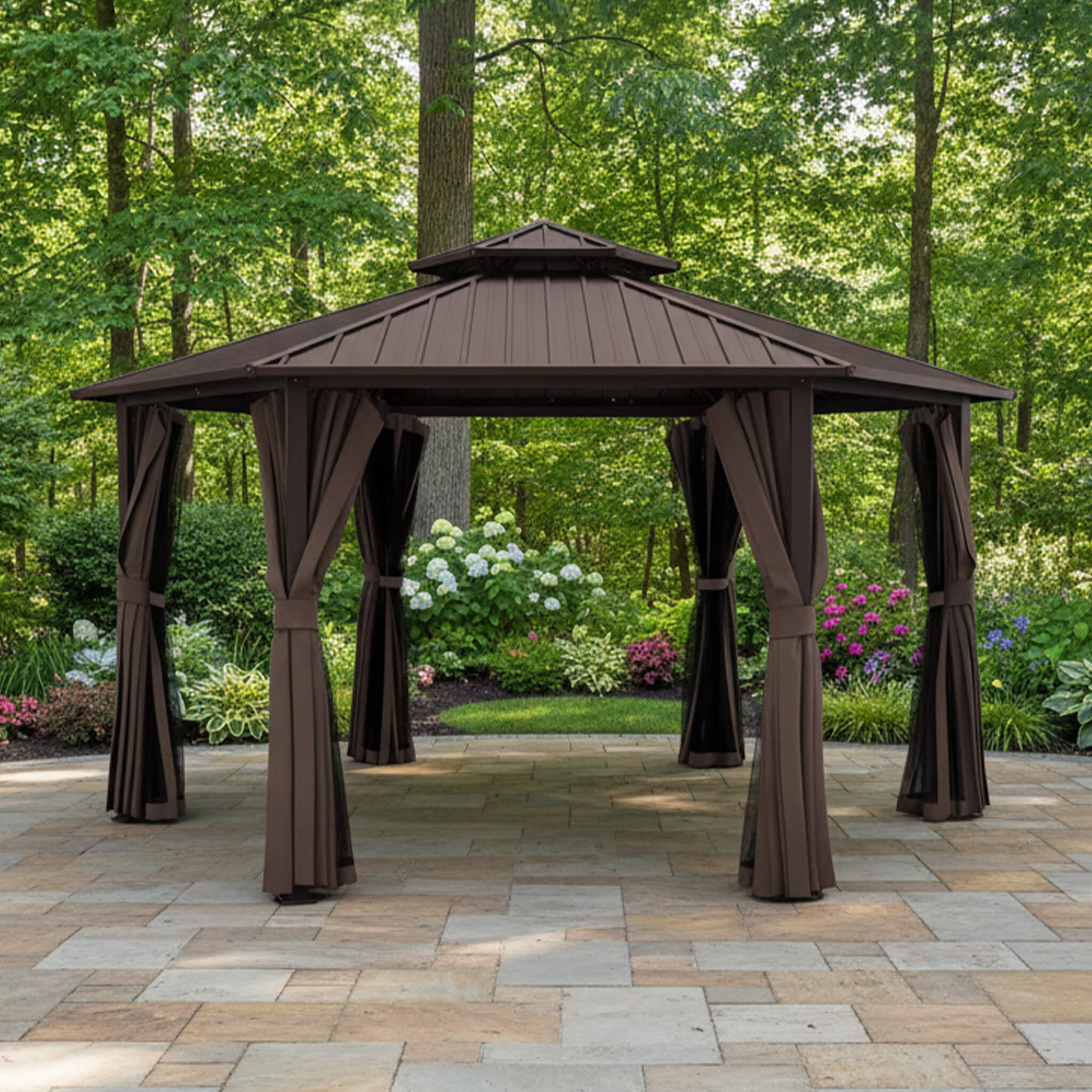 13 X 15 FT  Hardtop Hexagonal Gazebo With Curtains And Netting