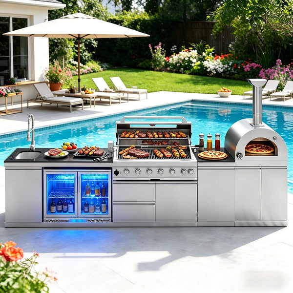 147-Inch 6-Burner 120K BTU Outdoor Kitchen Island With Pizza Oven, Rotisserie & Refrigerator