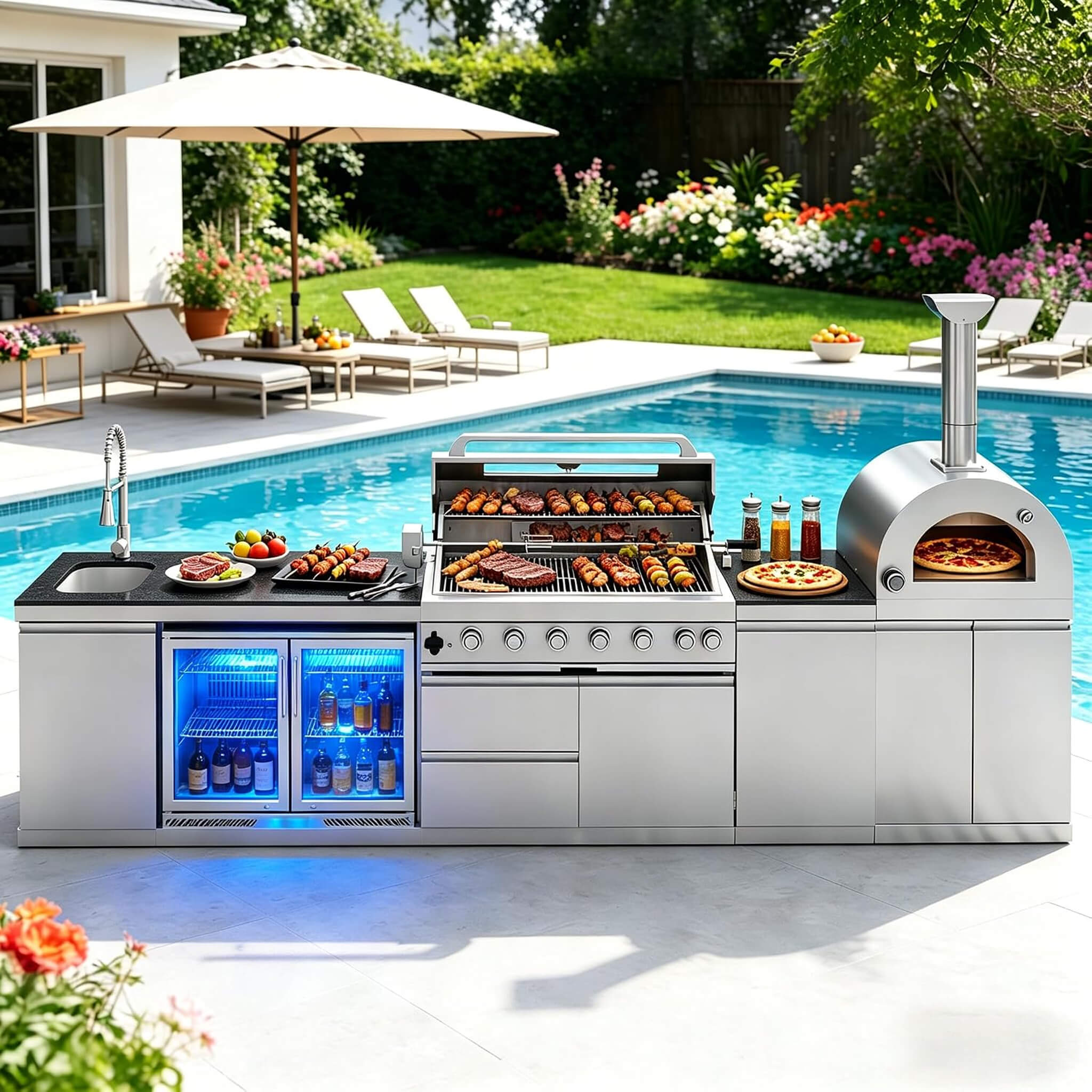 147-Inch 6-Burner 120K BTU Outdoor Kitchen Island With Pizza Oven, Rotisserie & Refrigerator