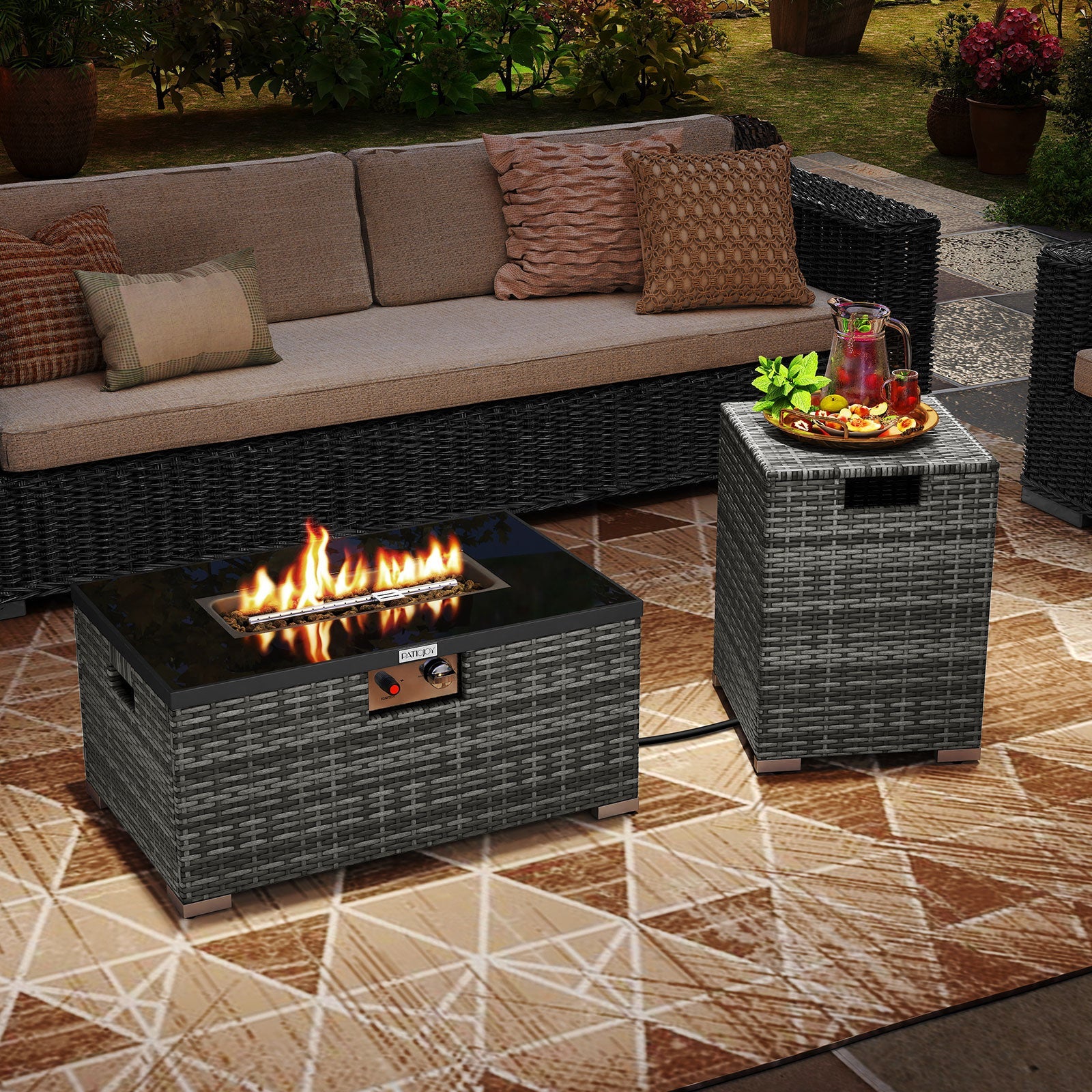 2-Piece Outdoor Rattan Fire Table Set - 32 Inch Rectangle Gas Firepit with Tank Cover - 3 colors