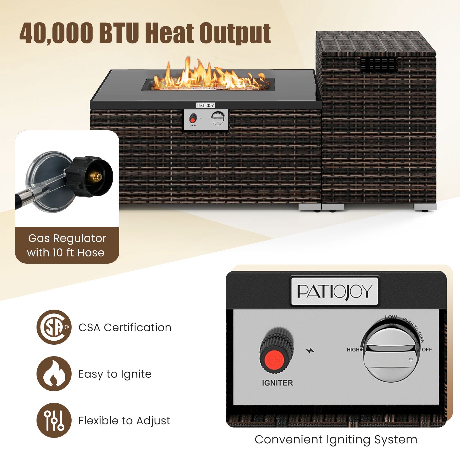 2-Piece Outdoor Rattan Fire Table Set - 32 Inch Rectangle Gas Firepit with Tank Cover - 3 colors