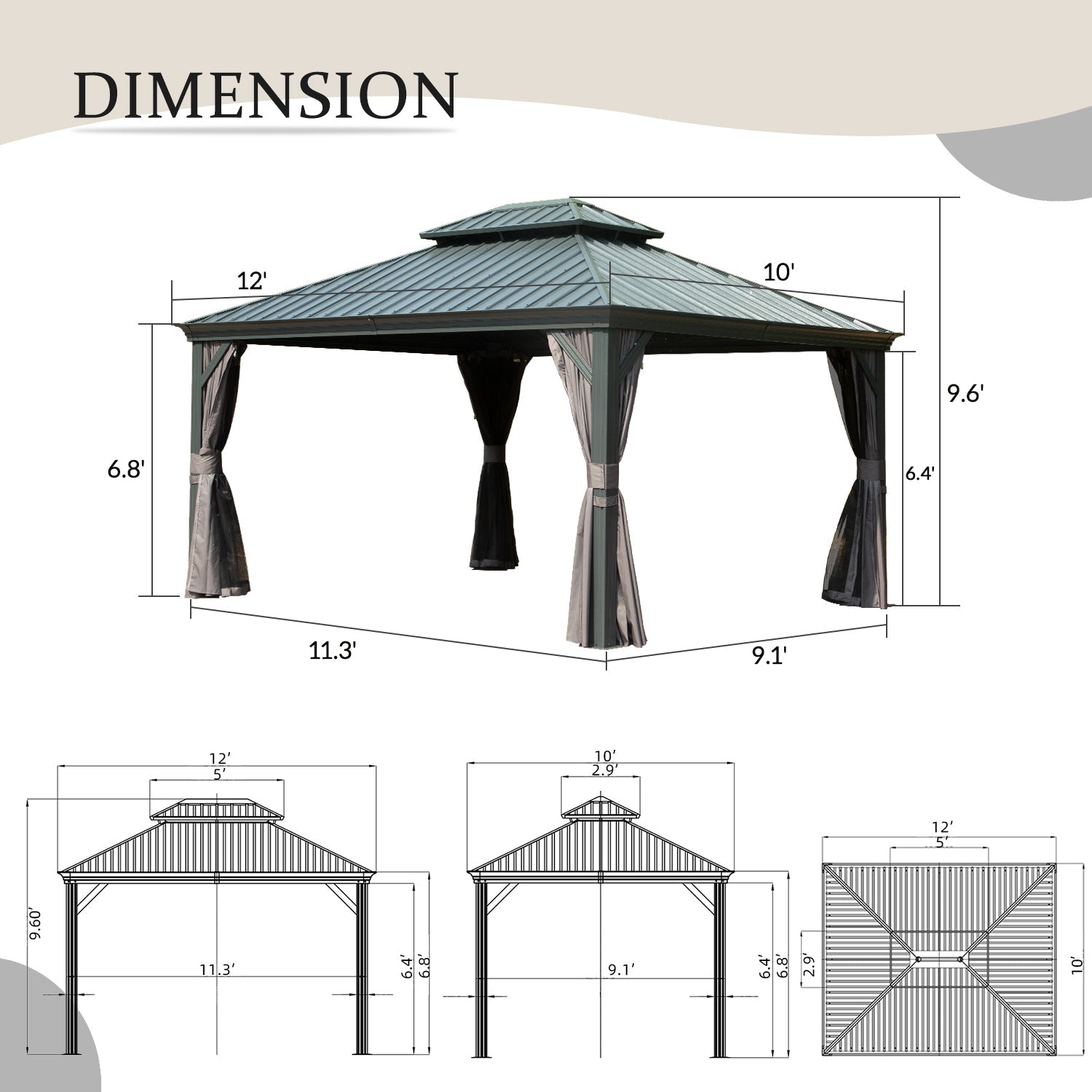 10' x 12' Hardtop Gazebo Outdoor Metal Gazebo with Galvanized Steel Double Roof Canopy, Aluminum Frame, Curtains and