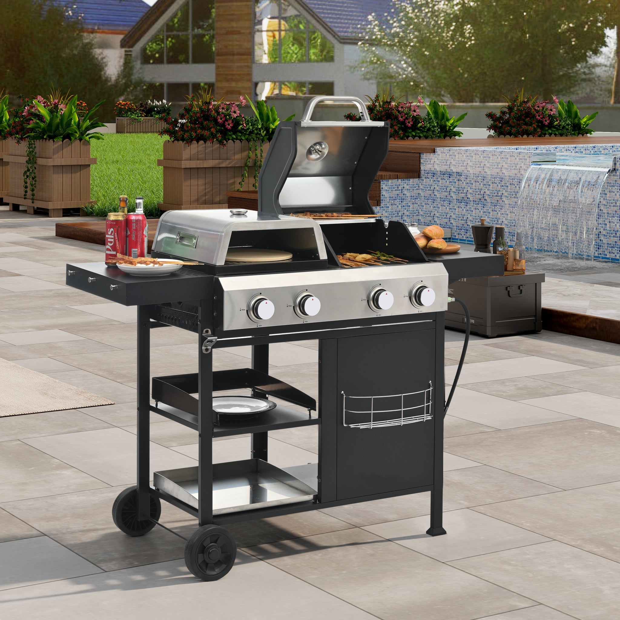 2+2 multifunctional gas barbecue grill and covered grill combination for outdoor cooking