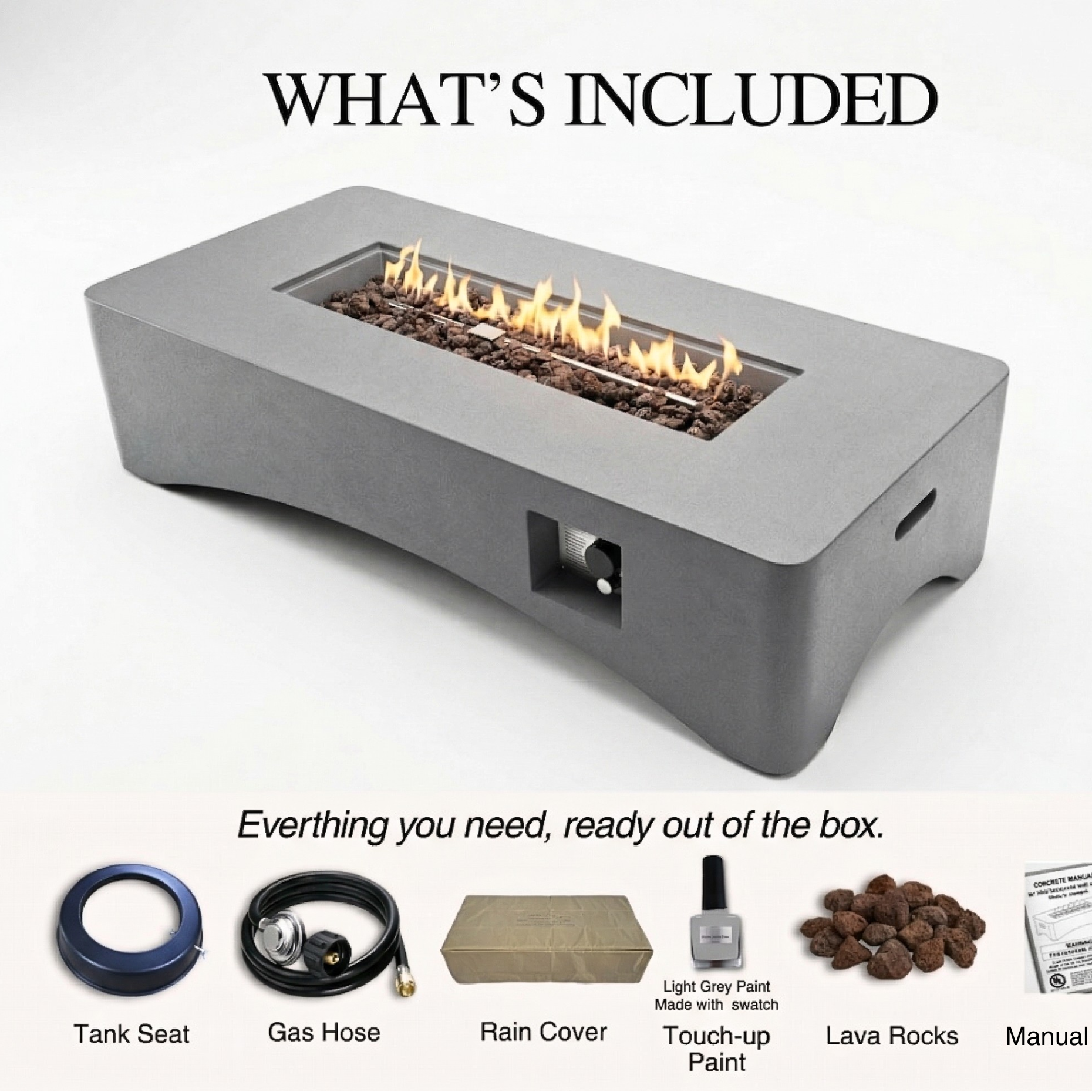 56' Propane Fire Pit Table - Rectangular Outdoor Gas Fire Pit - Light Gray