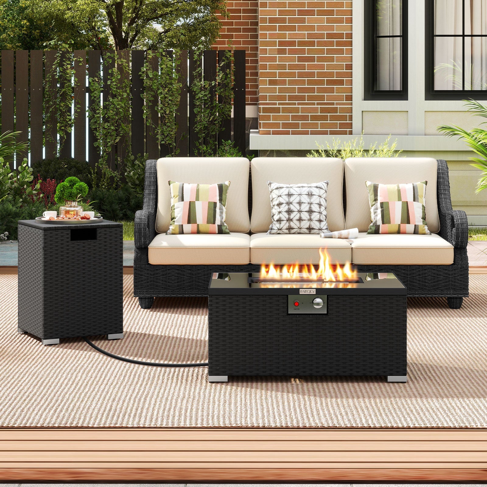 2-Piece Outdoor Rattan Fire Table Set - 32 Inch Rectangle Gas Firepit with Tank Cover - 3 colors