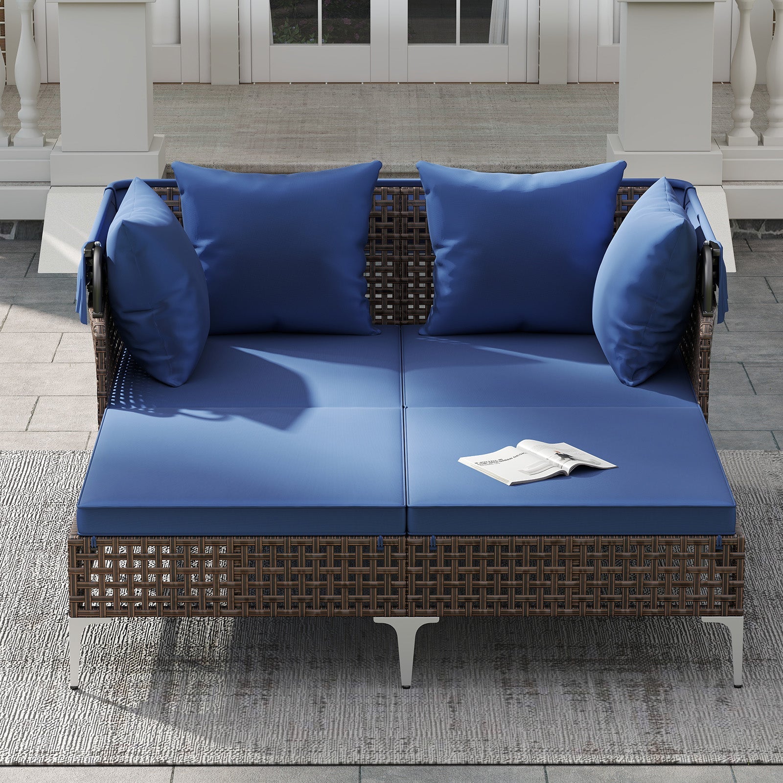 Outdoor Daybed with Retractable Canopy - Wicker Rattan Patio Lounger