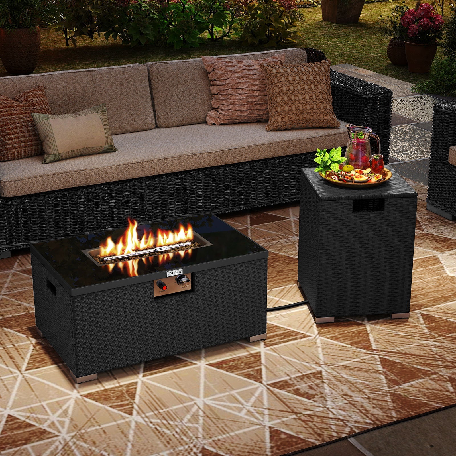 2-Piece Outdoor Rattan Fire Table Set - 32 Inch Rectangle Gas Firepit with Tank Cover - 3 colors