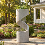Outdoor Water Fountain with LED Light, Decorative Tiered Curved Waterfall Fountain with Stone Planter, Faux Terrazzo Spiral Shaped Outdoor Fountains for Garden Deck Patio Porch, 31.25â€H