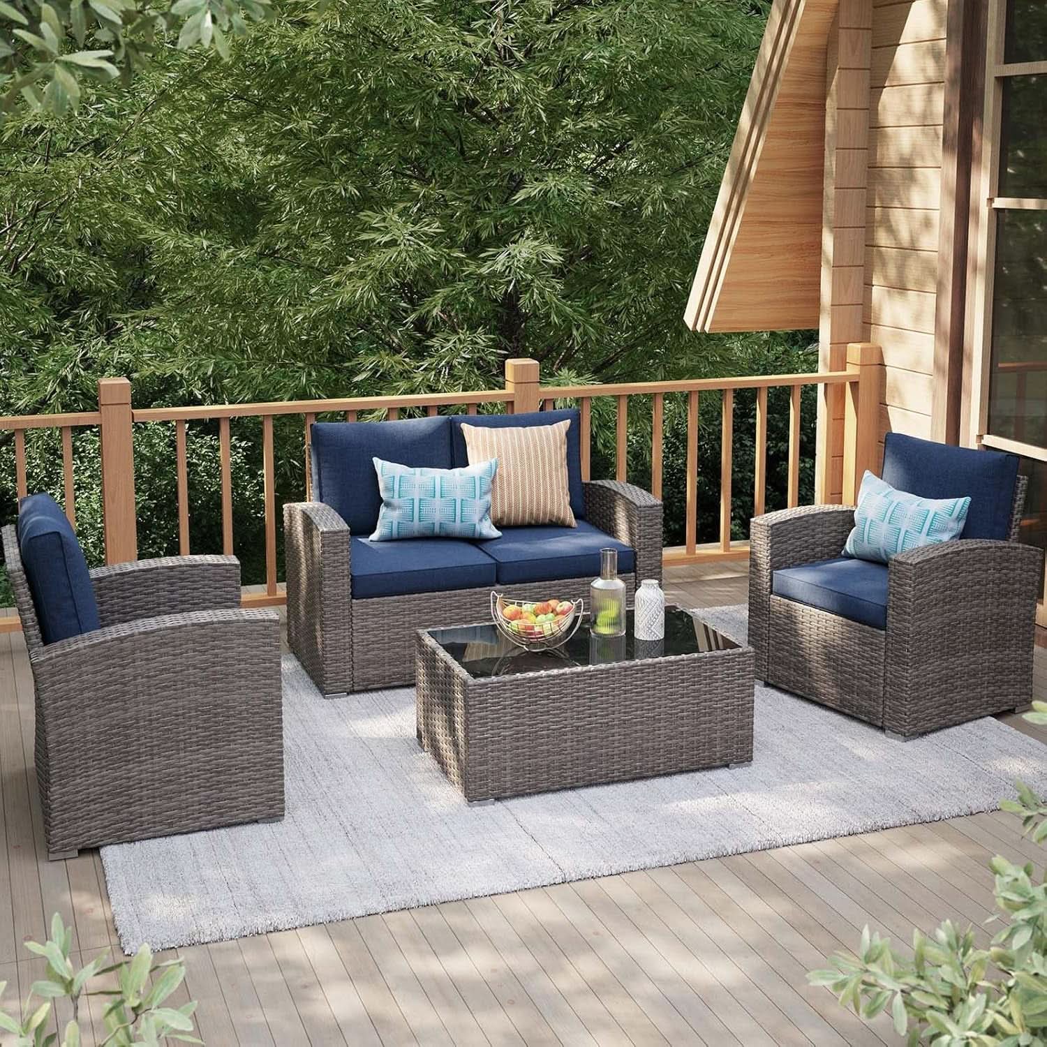 Navy Blue Outdoor Rattan Patio Furniture Set