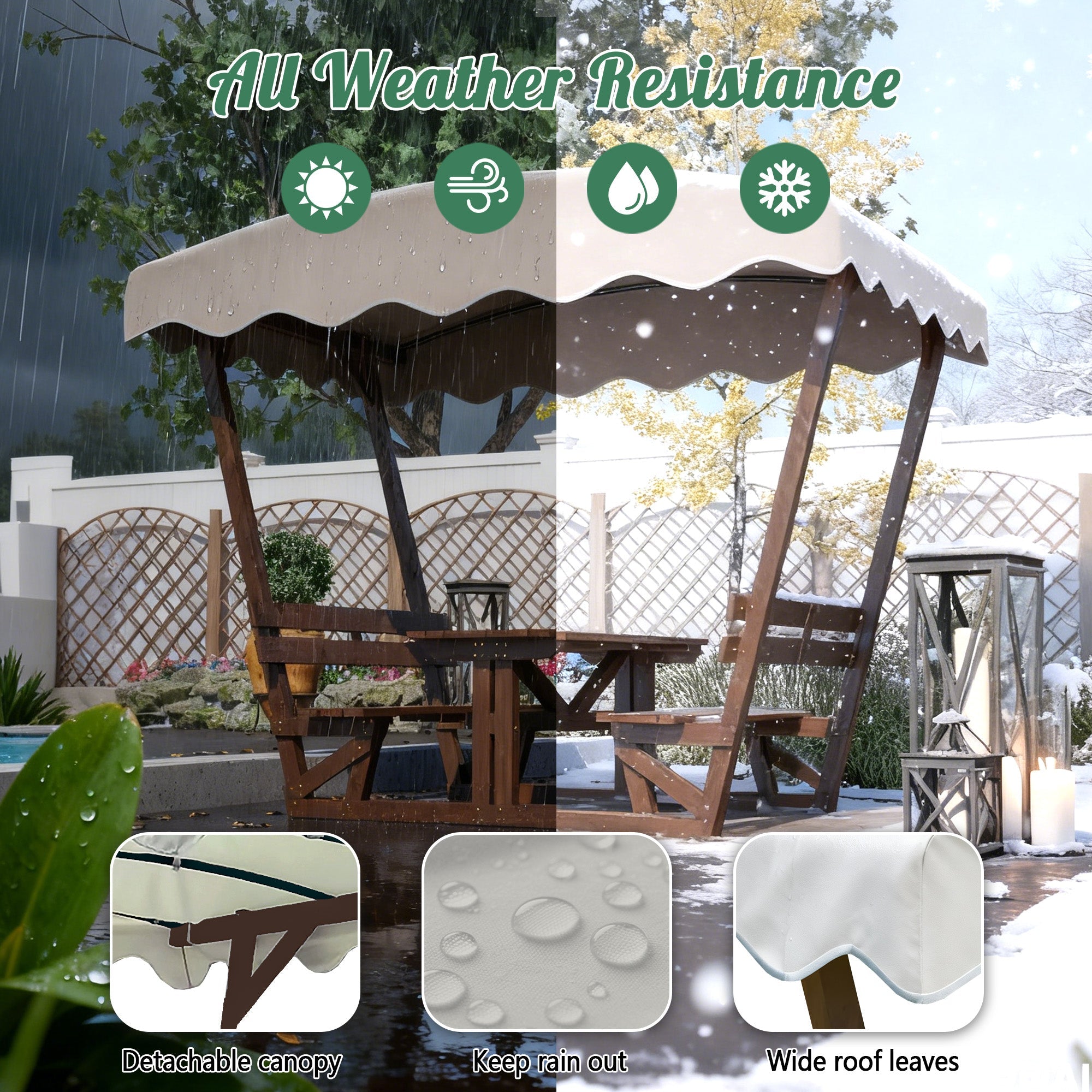 Outdoor Waterproof Solid Wood Picnic Table and Bench Set with Removable Canopy