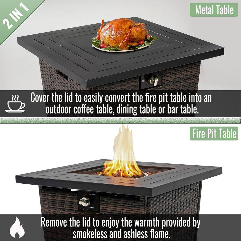 28 In. W X 25 In. H Rattan Square Propane Fire Pit Table in Black Brown