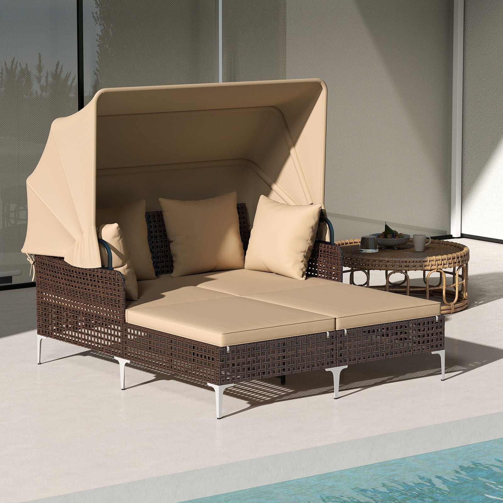 Outdoor Daybed with Retractable Canopy - Wicker Rattan Patio Lounger
