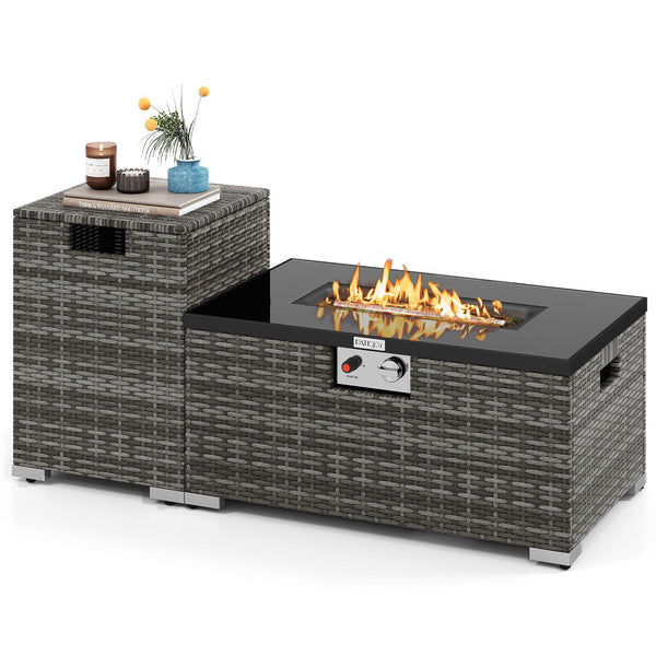 2-Piece Outdoor Rattan Fire Table Set - 32 Inch Rectangle Gas Firepit with Tank Cover - 3 colors