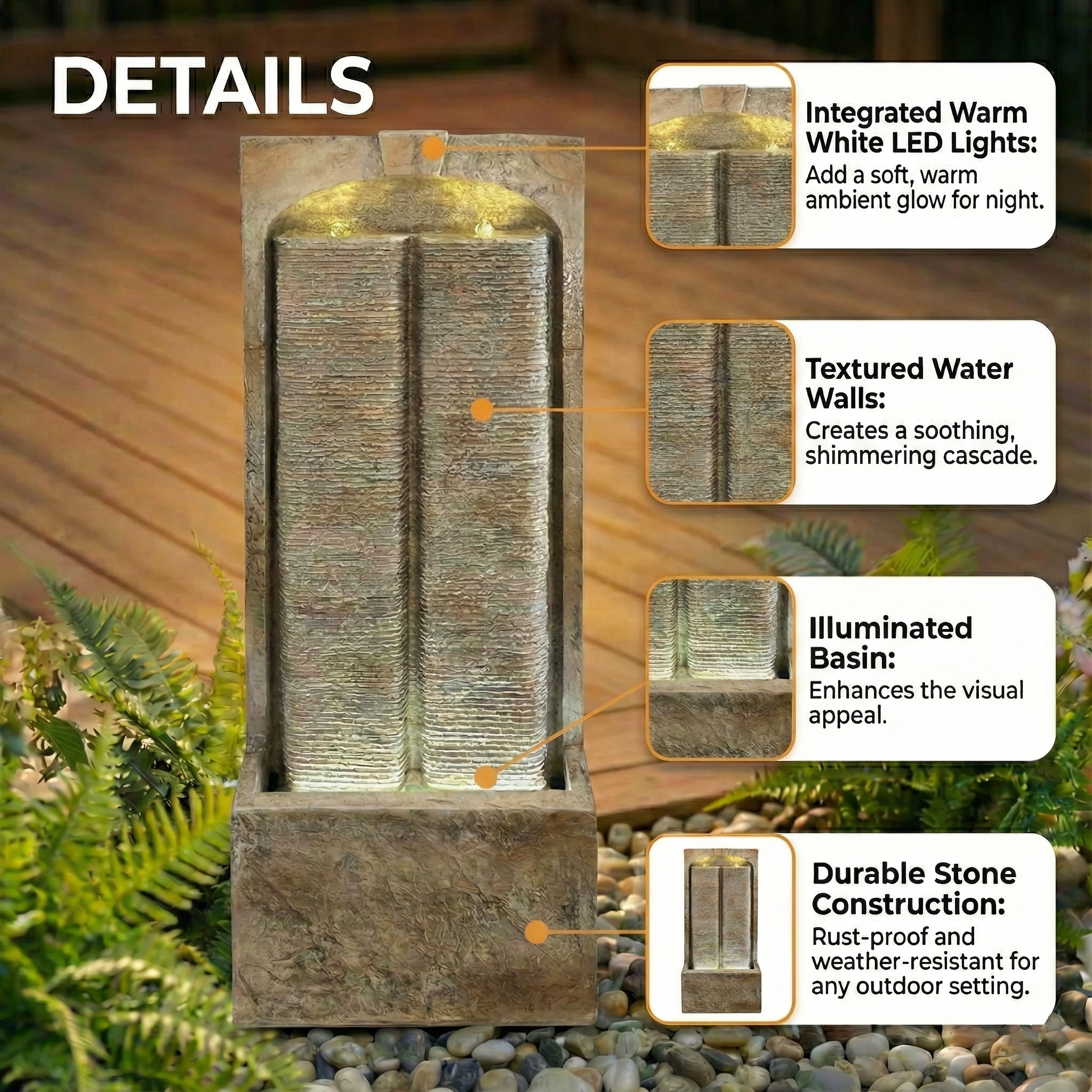 39 Inch Outdoor Water Fountain with Pump and LED Lights